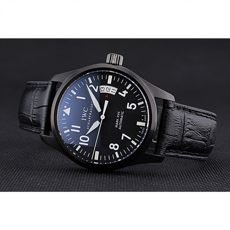 Cheap Replica Watches Swiss IWC Mark XVII Black Steel Case Black Dial Black Leather Bracelet 622667-4