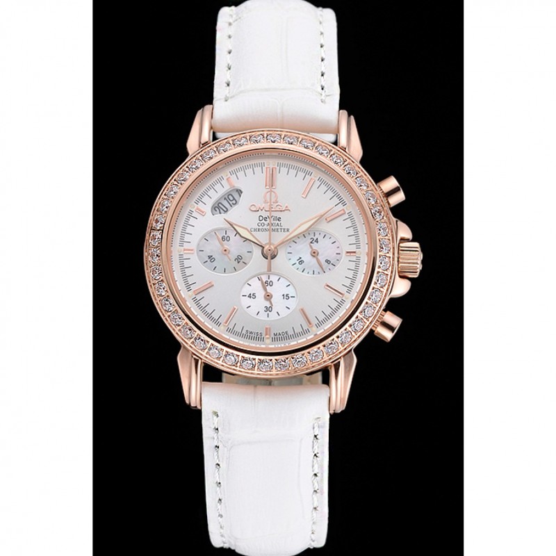 High Quality Replica Watches Omega Speedmaster Chronograph White Dial Gold Diamond Case White Leather Bracelet 622455-1