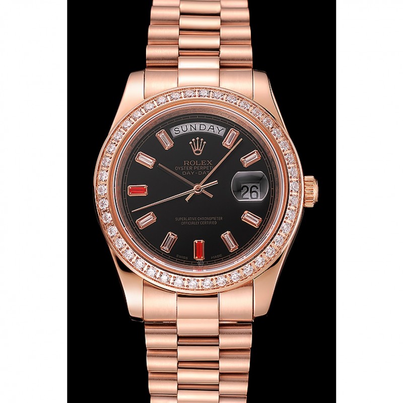 Swiss Rolex Day-Date Diamonds And Rubies Black Dial Rose Gold Bracelet 1454102-1