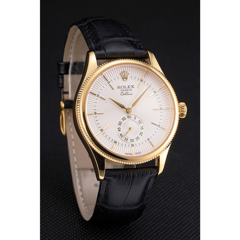 High End Swiss Rolex Cellini White Dial Gold Case Black Leather Strap-2