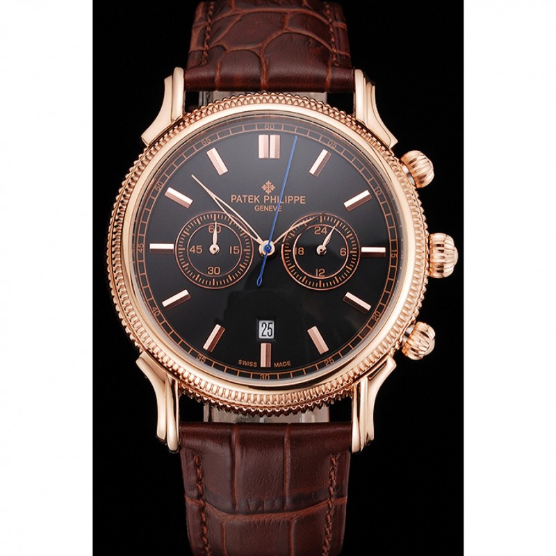 Patek Philippe Chronograph Black Dial Rose Gold Case Brown Leather Strap-1