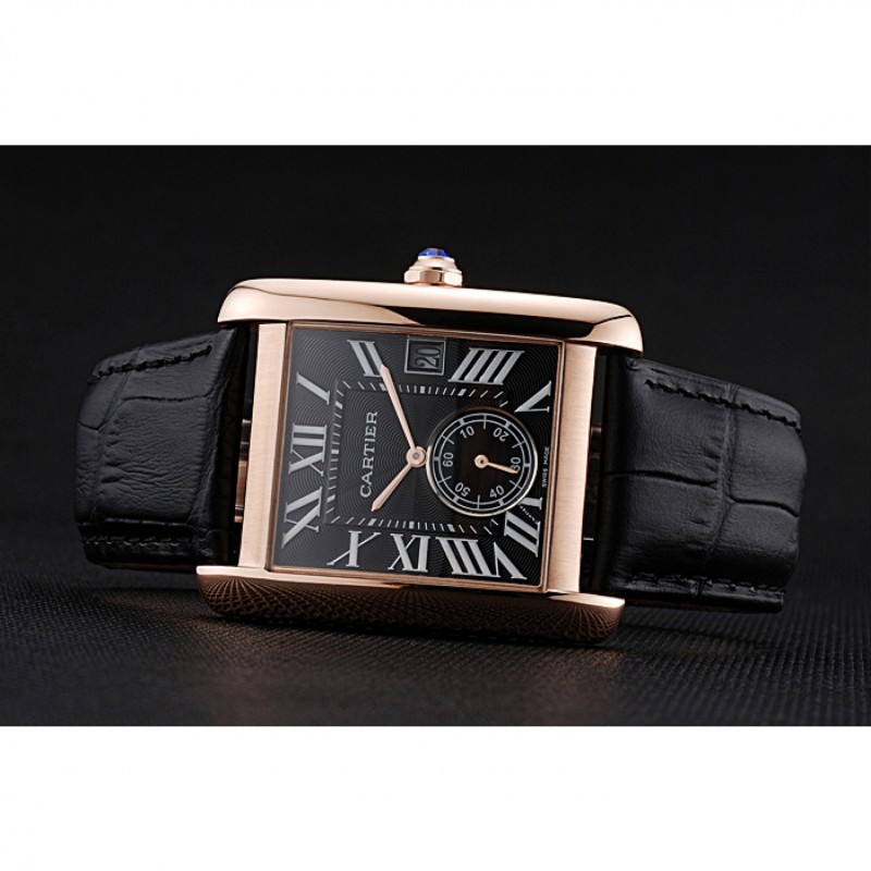 AAA Cartier Tank MC Black Dial Gold Case Black Leather Strap 622580-4