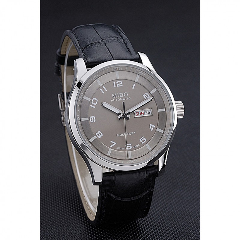 High End Replica Watches Mido Multifort Grey Dial Black Leather Strap 622179-2