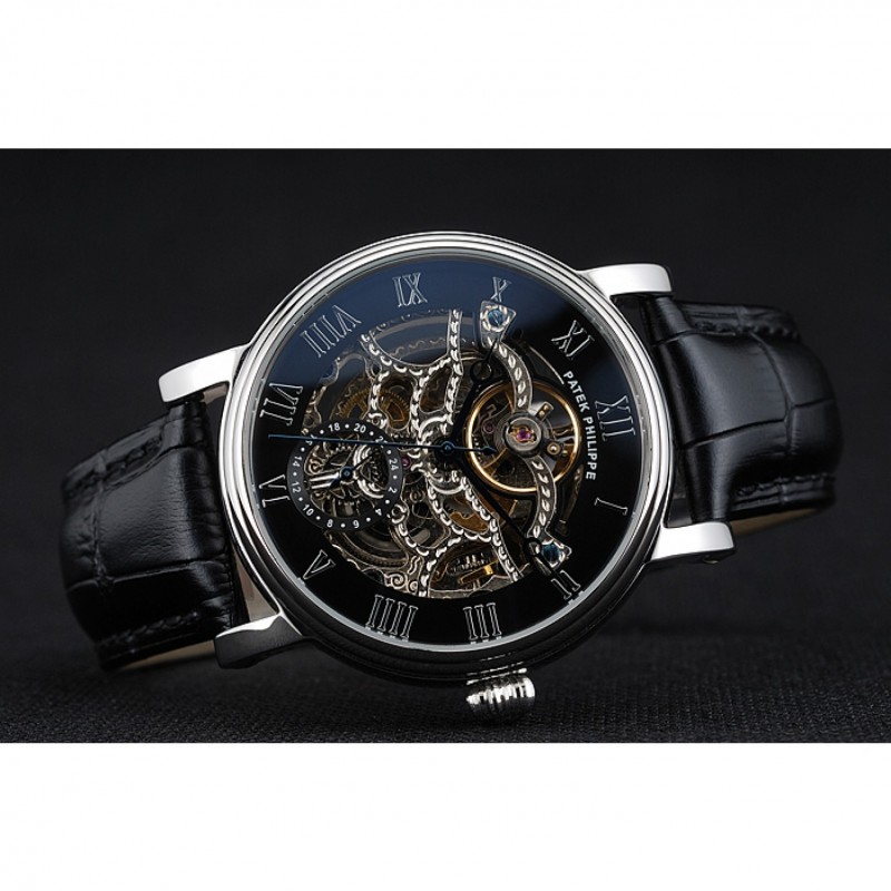 Patek Philippe Grand Complications Black Skeleton Dial Stainless Steel Case Black Leather Strap 1453812-3