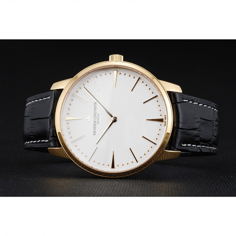Swiss Vacheron Constantin Patrimony Grand Taille White Dial Gold Case Black Leather Bracelet 1454176-3