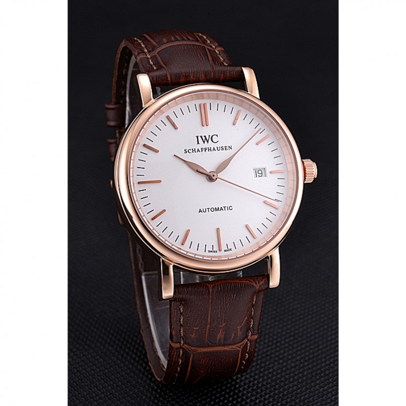 Swiss IWC Portofino Gold Case White Dial Brown Leather Bracelet 622668-2