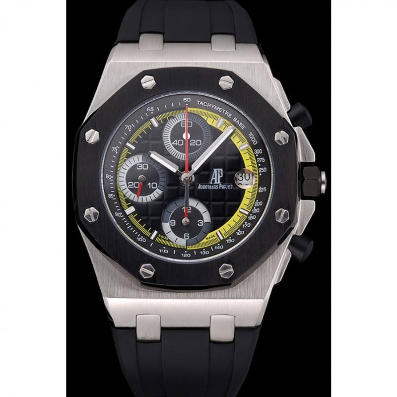 AAA Swiss Audemars Piguet Royal Oak Offshore Black And Yellow Dial Stainless Steel Case Black Rubber Strap 622855-1