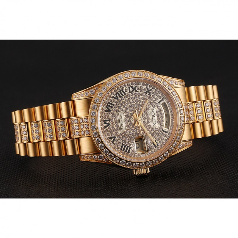 Best Replica Watches Swiss Rolex Day-Date Diamond Pave Dial Gold Diamond Bracelet 1453956-3