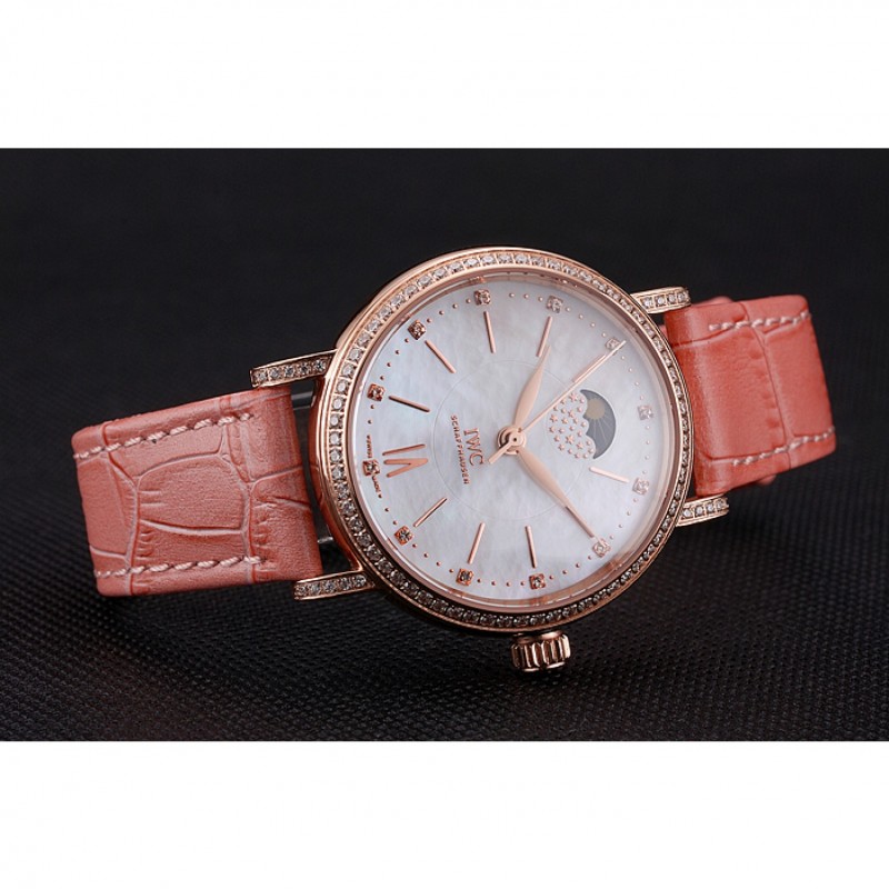 IWC Portofino Moon Phase Silver Dial Rose Gold Case Diamonds Bezel Pink Leather Strap-3
