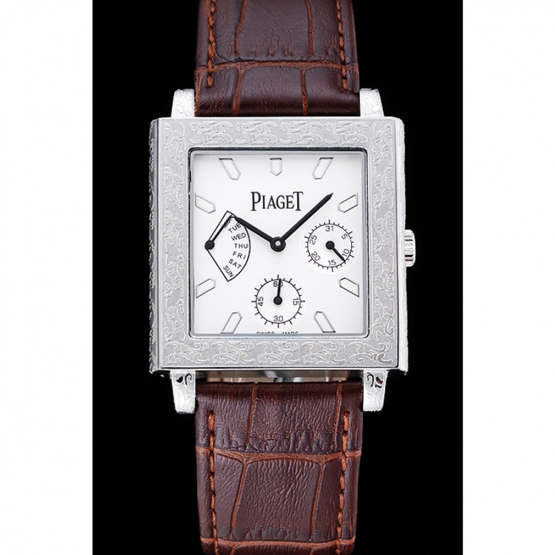 Piaget Emperador Limited Edition White Dial Engraved Silver Case Brown Leather Bracelet 1454138-1