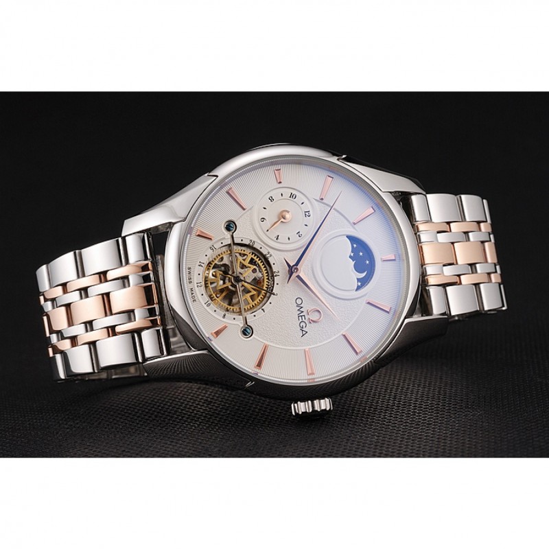 Omega De Ville Moonphase Tourbillon White Dial Stainless Steel Case Two Tone Steel Rose Gold Bracelet-4