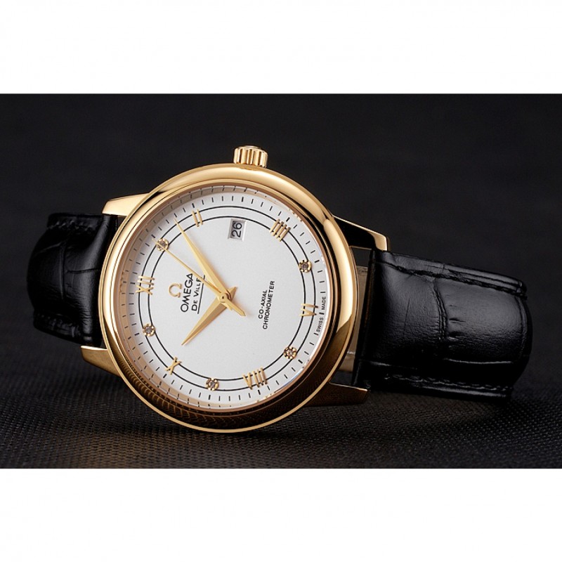 Omega De Ville Prestige White Dial Gold Case Black Leather Strap-4