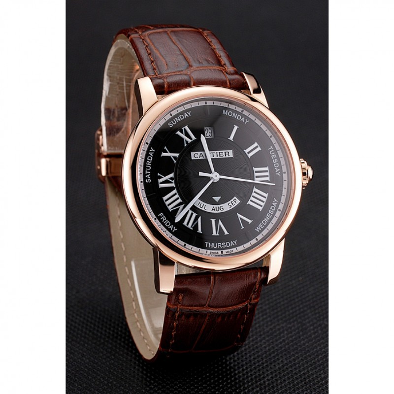 Swiss Cartier Rotonde Annual Calendar Black Dial Rose Gold Case Brown Leather Strap-2