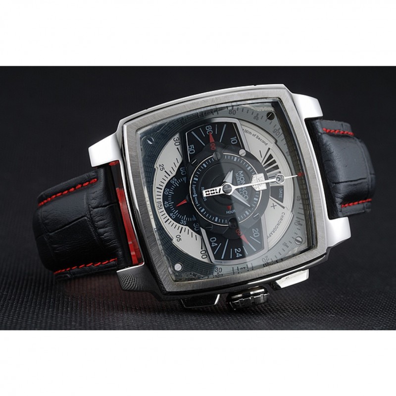 Luxury Replica Watches Tag Heuer Monaco Black-Green Perforated Leather Strap Black Dial 80308-3