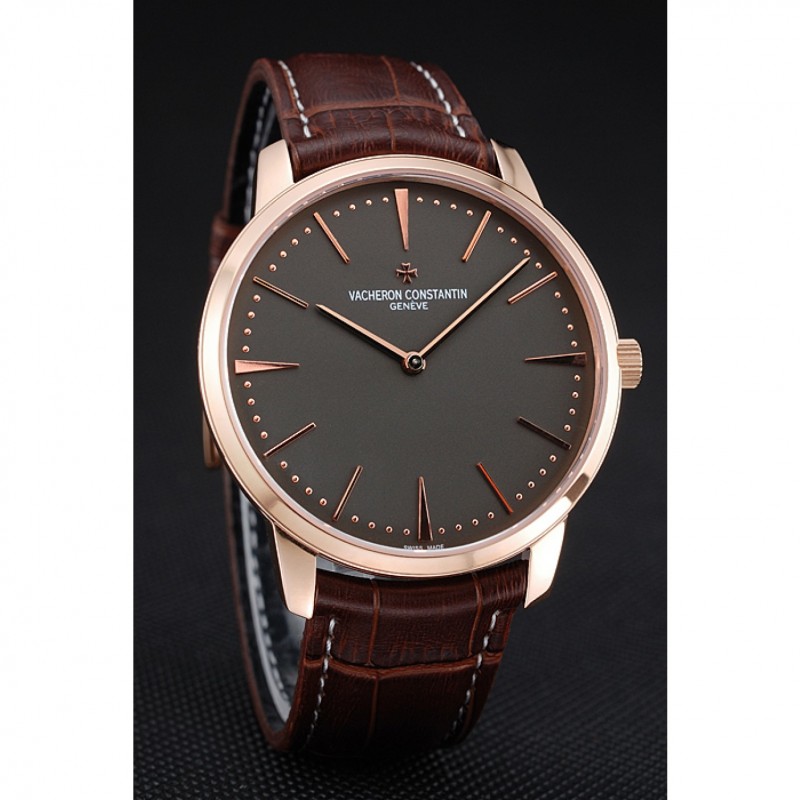 Swiss Vacheron Constantin Patrimony Grey Dial Rose Gold Case Brown Leather Bracelet 1454166-2