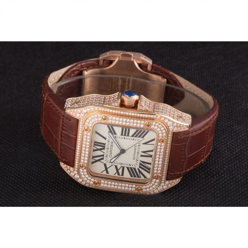 Swiss Cartier Santos Rose Gold Bezel with Diamonds and Brown Leather Strap sct46 621530-4