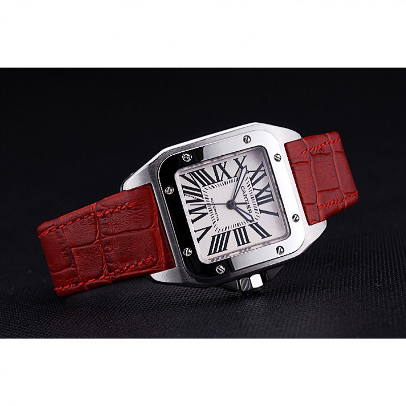 SS Replica Watches Swiss Cartier Santos White Dial Stainless Steel Case Red Leather Bracelet 622551-3