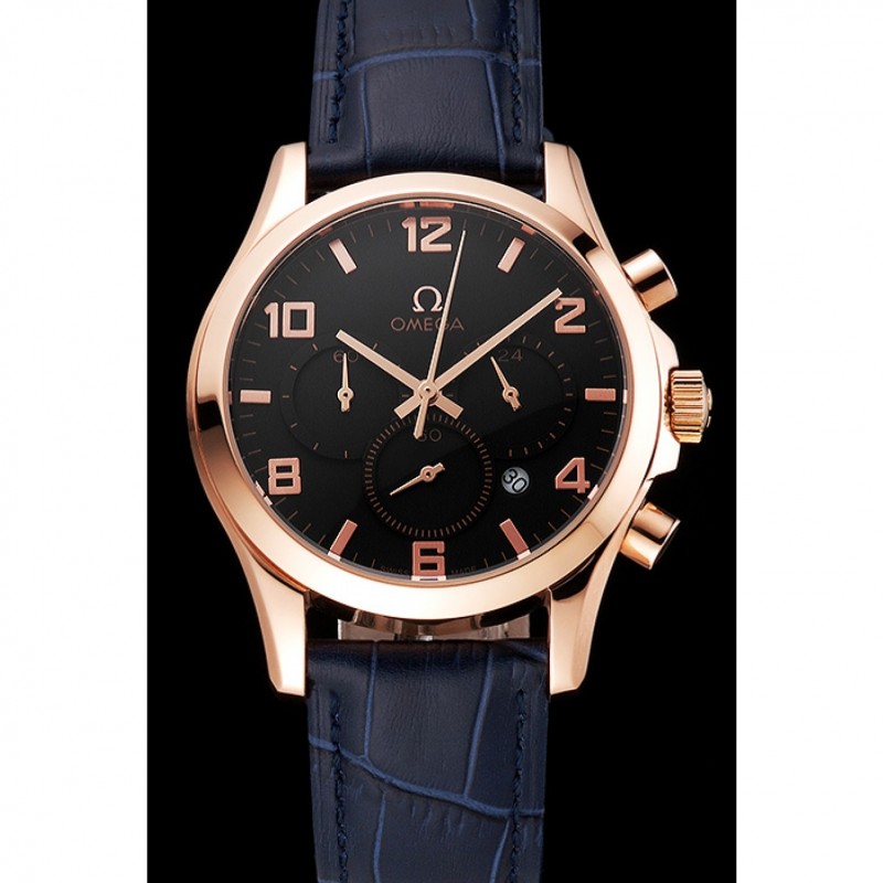 Best Replica Watches Omega Chronograph Black Dial Rose Gold Case Blue Leather Strap-1
