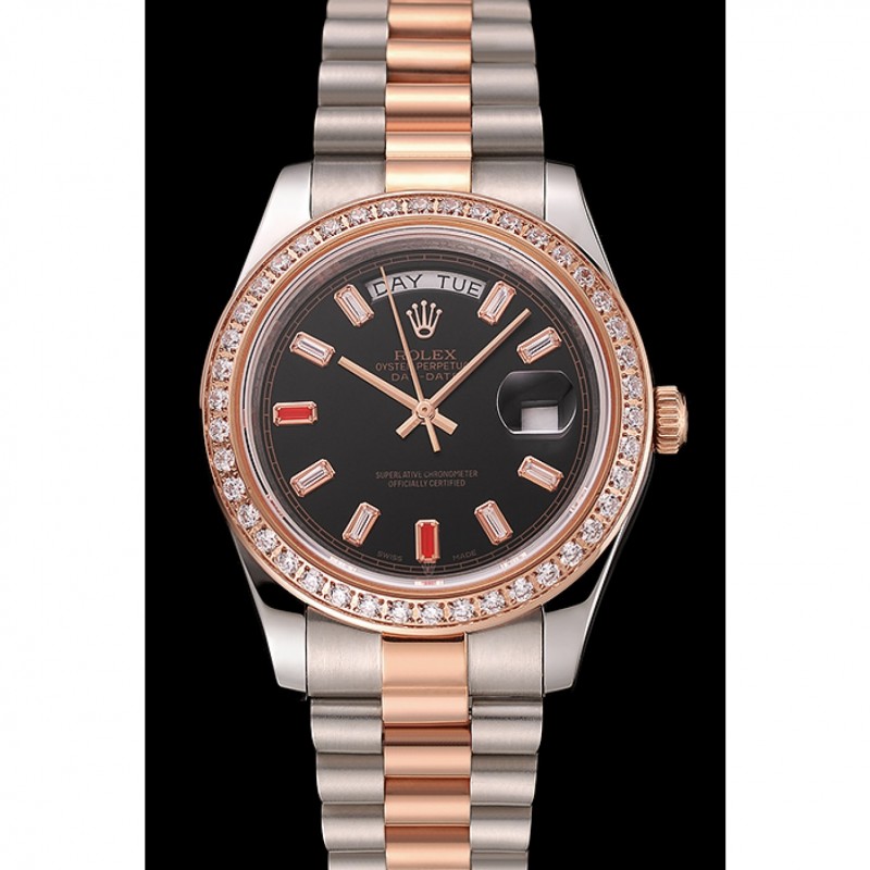 Swiss Rolex Day-Date Diamonds And Rubies Black Dial Rose Gold And Staineless Steel Bracelet 1454106-1