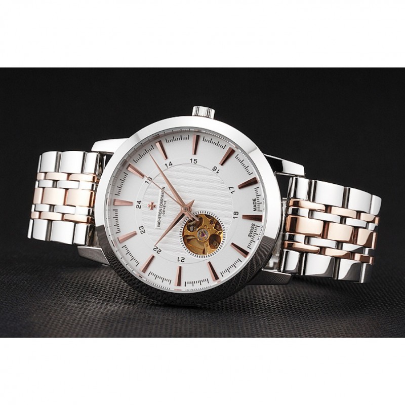 Cheap Vacheron Constantin Tourbillon White Dial Rose Gold Numerals Stainless Steel Case Two Tone Bracelet-3