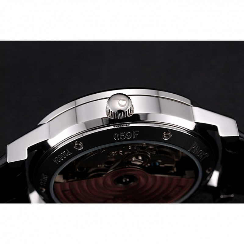 Cheap Piaget Altiplano Date Black Dial Stainless Steel Case Black Leather Strap-8