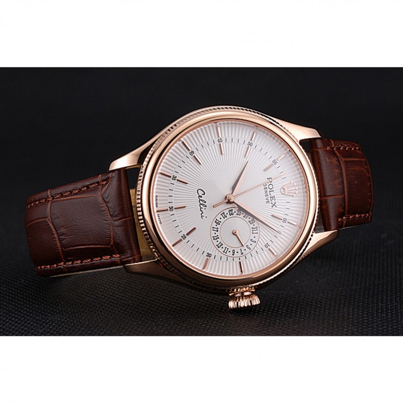 High End Replica Watches Rolex Cellini White Rose Dial Gold Case Brown Leather Bracelet 622725-4