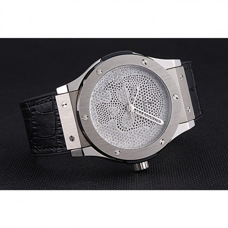 Hublot Classic Fusion Diamond Skull Dial Stainless Steel Case Black Leather Strap 622814-4