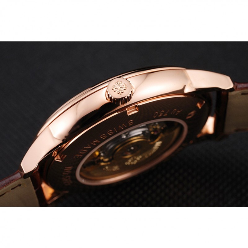 High End Swiss Patek Philippe Multi-Scale Chronograph Black Dial Rose Gold Case Brown Leather Strap-8