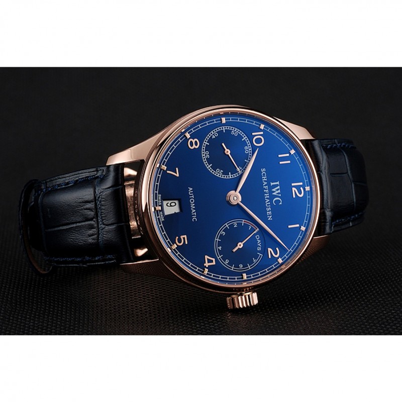 Swiss IWC Portuguese Blue Dial Gold Case Blue Leather Bracelet 1453919-2