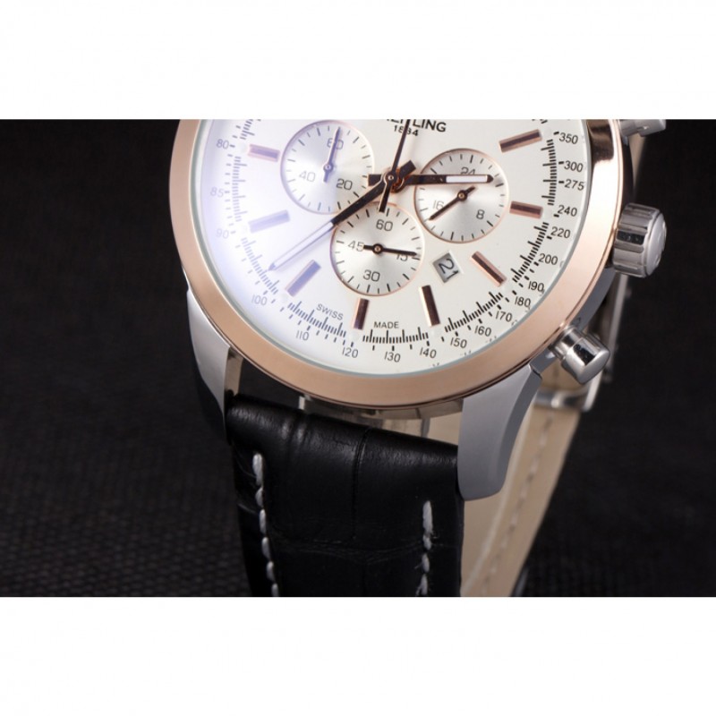 Breitling Transocean White Dial Black Leather Strap Rose Gold Bezel 98205-6