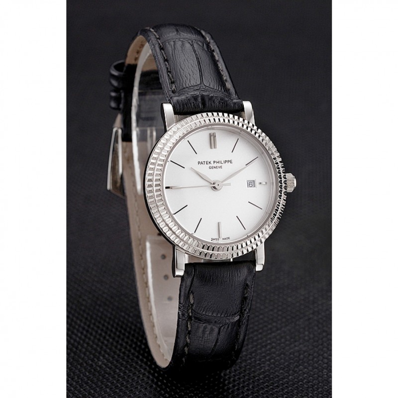 Cheap Patek Philippe Calatrava White Dial Double Ribbed Bezel Stainless Steel Case Black Leather Strap-2