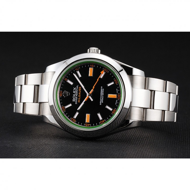 Swiss Rolex Milgauss Black Dial Orange Markings Stainless Steel Case And Bracelet-3