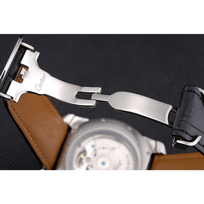 High End Replica Watches Cartier Calibre Tourbillon Black Dial Stainless Steel Case Black Leather Strap 622752-6