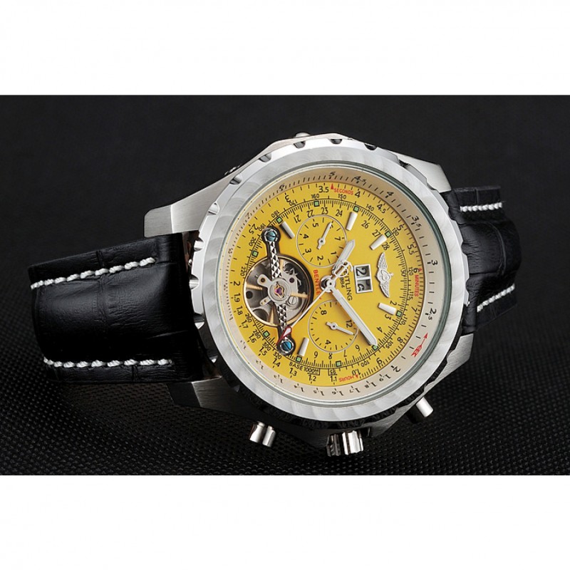 High End Replica Watches Breitling Bentley Mulliner Tourbillon Yellow Dial Stainless Steel Case Black Leather Strap 622730-3