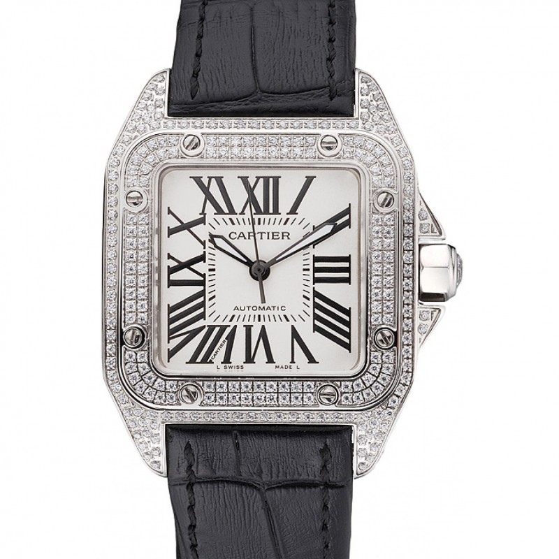 Swiss Cartier Santos Dumont Diamond Case White Dial Roman Numerals Black Leather Bracelet 622652-0