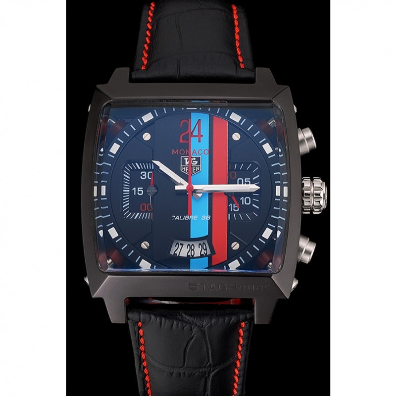 SS Replica Watches Tag Heuer Monaco Calibre 36 Blue And Red Dial Stripes Dial Black Leather Strap 622272-1