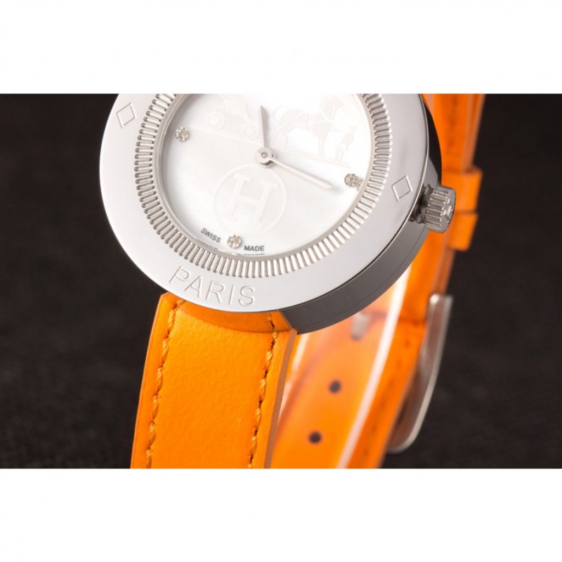 Hermes Classic MOP Dial Orange Leather Bracelet 801390-7