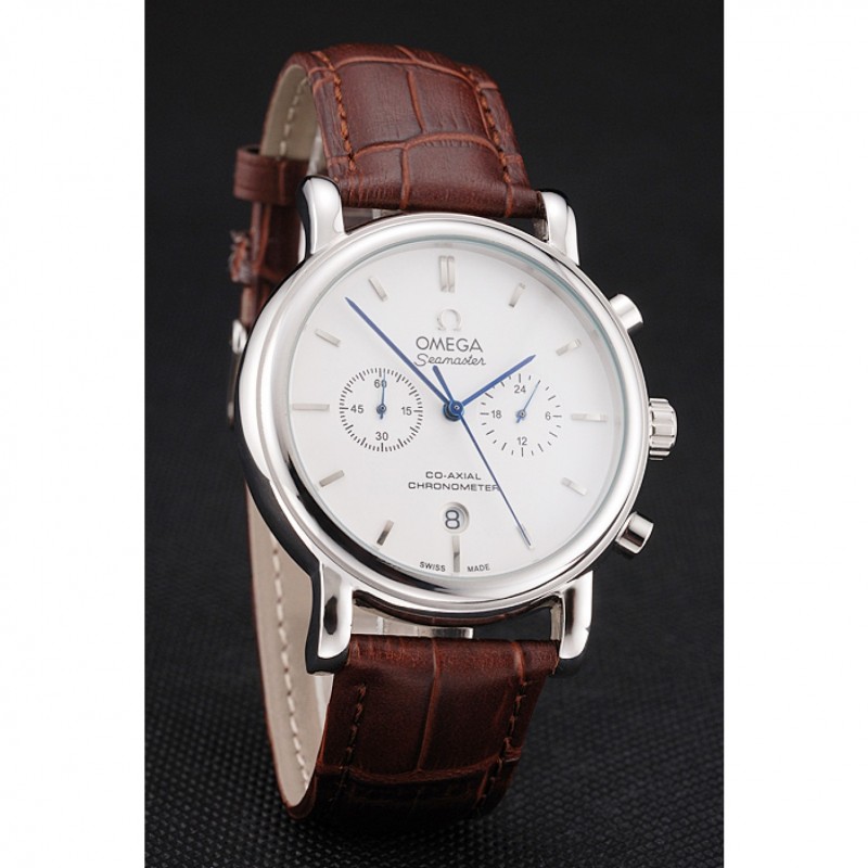Omega Seamaster Vintage Chronograph White Dial Stainless Steel Case Brown Leather Strap-2