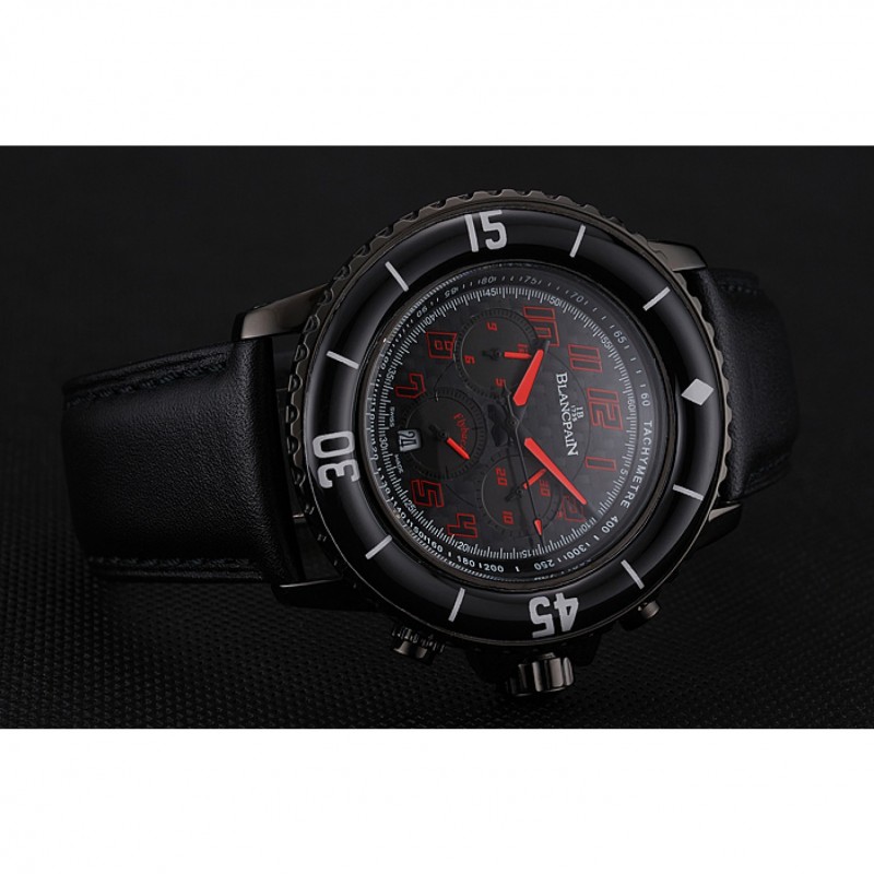 Blancpain Fifty Fathoms Speed Command Carbon Fiber Dial With Red Markings Black PVD Case Black Leather Strap 1453775-4