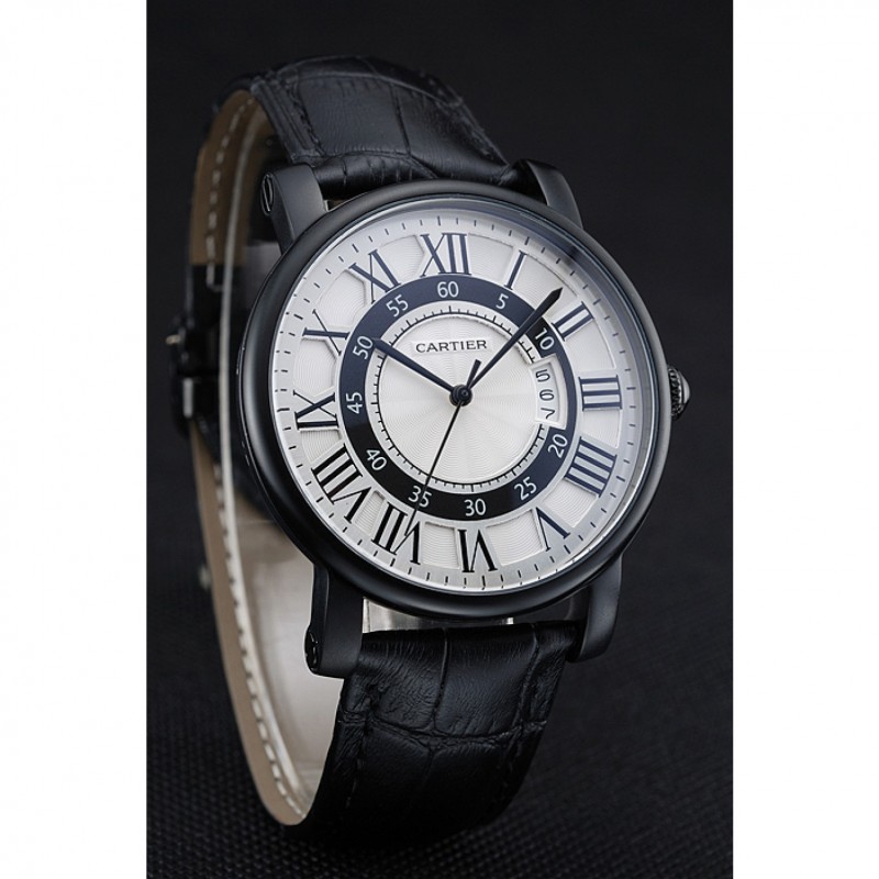 Cartier Rotonde White And Black Dial Black Case Black Leather Bracelet 1454219-2