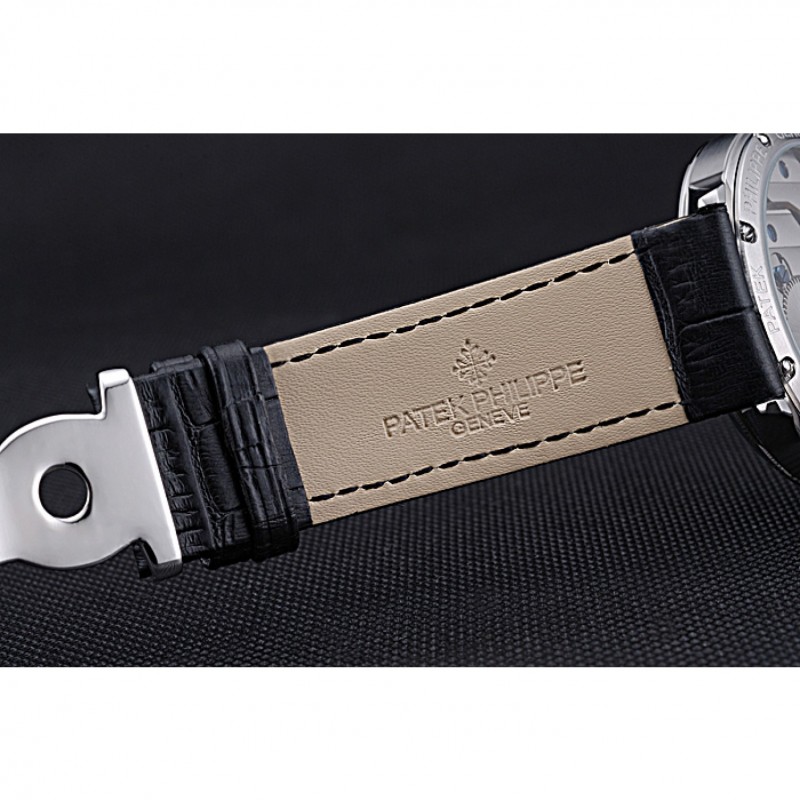 Patek Philippe Geneve Two Dial Black Dial Stainless Steel Bezel Black Leather Band 622145-6