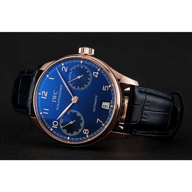 Swiss IWC Portuguese Blue Dial Gold Case Blue Leather Bracelet 1453919-3
