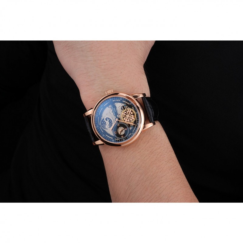 Patek Philippe Dual Time Moonphase Tourbillon Black Skeletonised Rose Gold Case Black Leather Strap-8