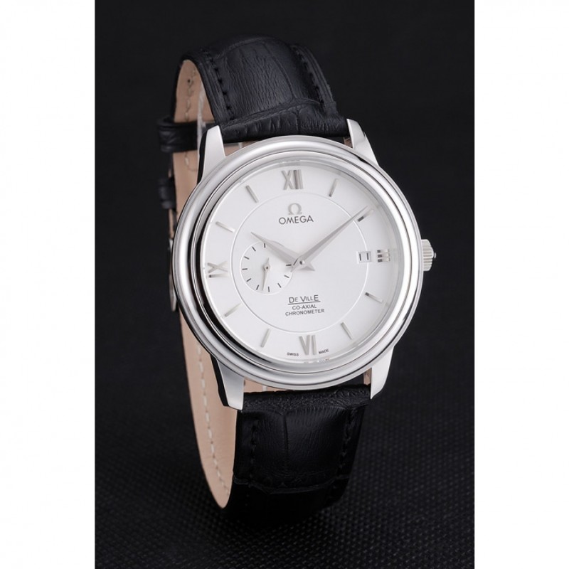 Omega De Ville Prstige Co-Axial White Dial Silver Case Black Leather Strap Roman Numeral-2