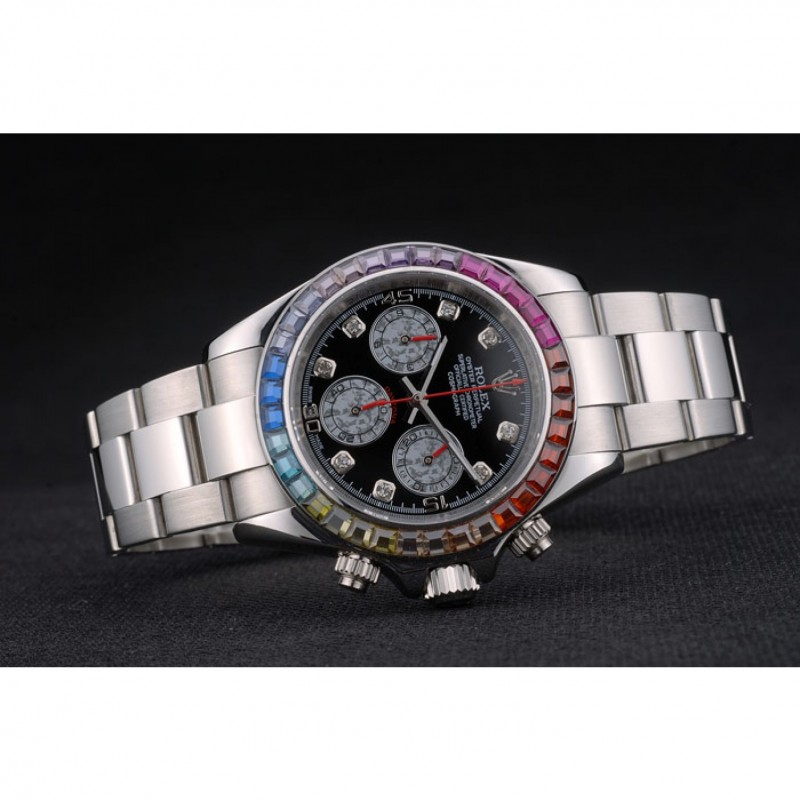 Rolex Daytona Cosmograph Rainbow Crystals Bezel Stainless Steep Strap Black Dial 80250-3