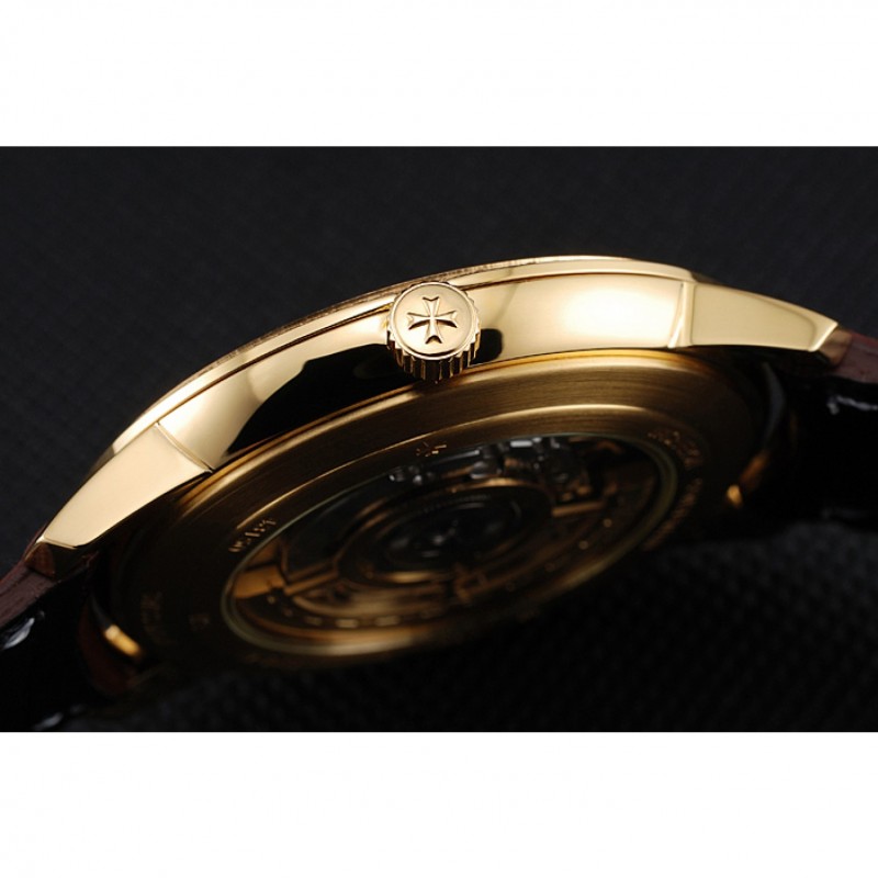 Swiss Vacheron Constantin Patrimony White Dial Gold Diamond Case Brown Leather Bracelet 1454180-8