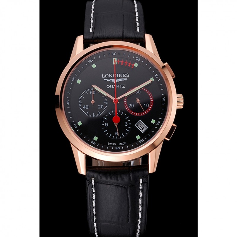 Longines Column Wheel Black Dial Gold Case Black Leather Strap-1