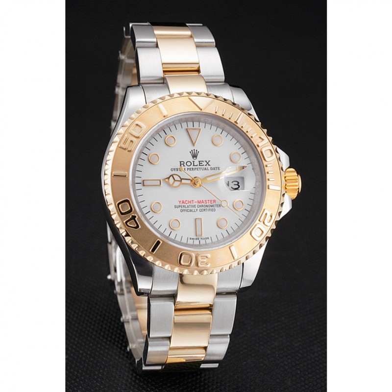 Swiss Rolex Yacht-Master White Dial Gold Bezel Stainless Steel Case Two Tone Bracelet-2
