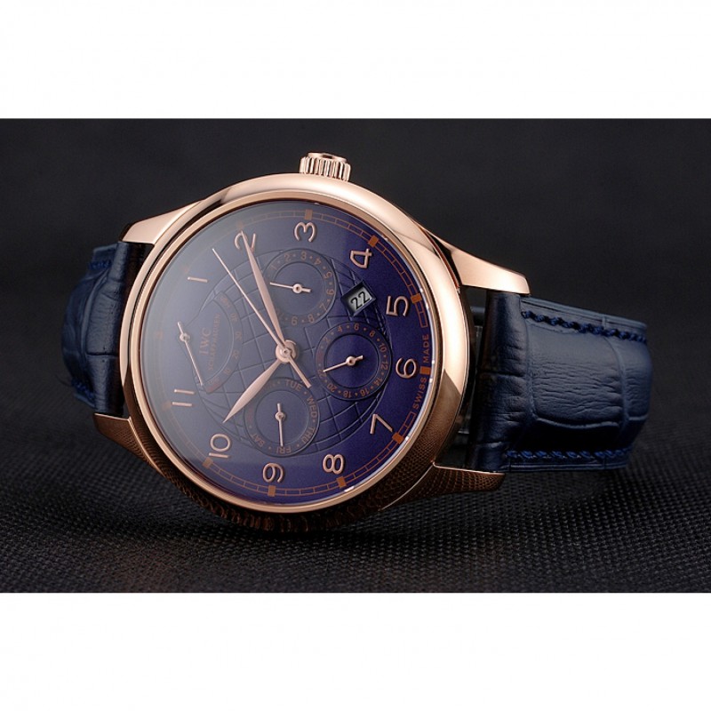 Cheap Replica Watches Swiss IWC Portugieser Power Reserve Blue Dial Rose Gold Case Blue Leather Strap-3