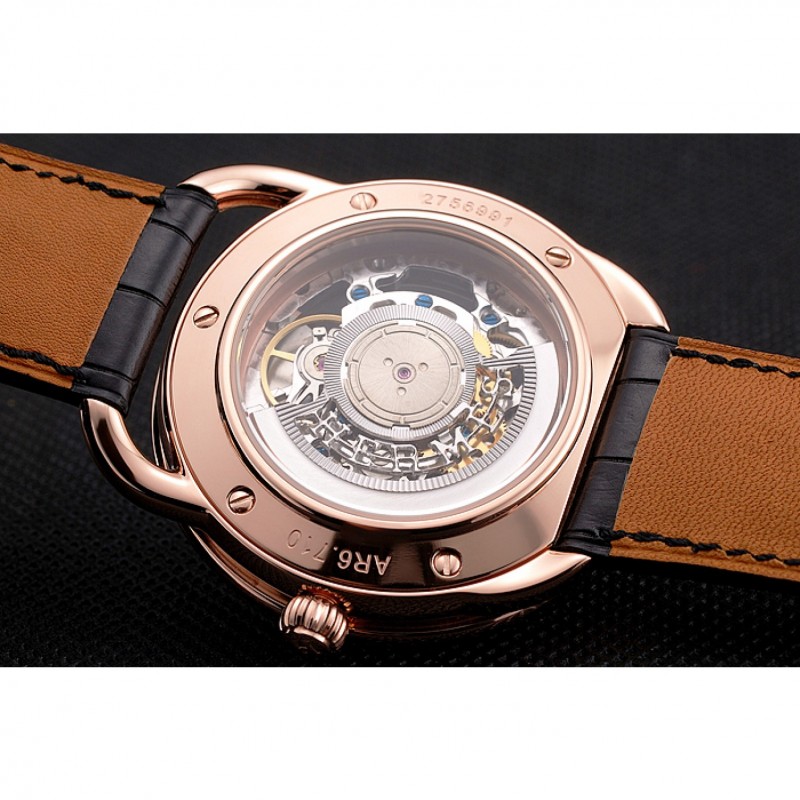 Swiss Hermes Arceau Skeleton Black Dial Brown Hands Rose Gold Case Black Leather Strap-7